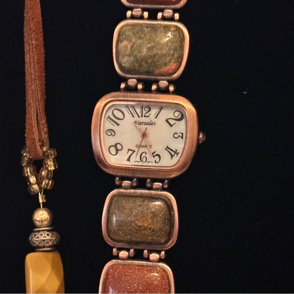 ladies Versales watch & necklace antique, natural polished rocks inlay in copper - Picture 4 of 14